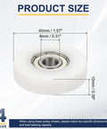 Meccanixity 4 Pack White Roller Idler Bearing Pulley, 8 X 40 X 10mm Plastic Sliding Conveyor Nylon Wheel showing dimensions.