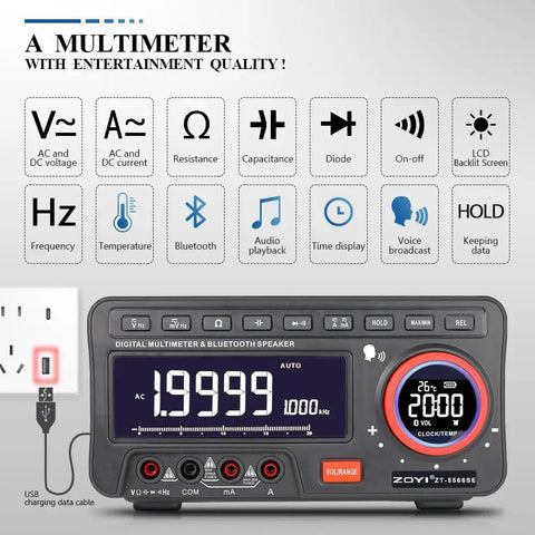 5566SE Digital Multimeter With Built In Bluetooth Speaker, AC DC Voltage Tester, full display showing functions
