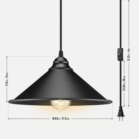 Knockout Black Plug In Pendant Light With Adjustable 13 Ft Copper Cord And UL Certified E26 Socket hanging with dimensions 10.83x5.12 inches.