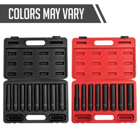 Two cases of Beefy One Half Inch Drive Impact Socket Set, Extra Long Deep, Eight-Piece, SAE, Cr-Mo Alloy Steel, heavy-duty storage