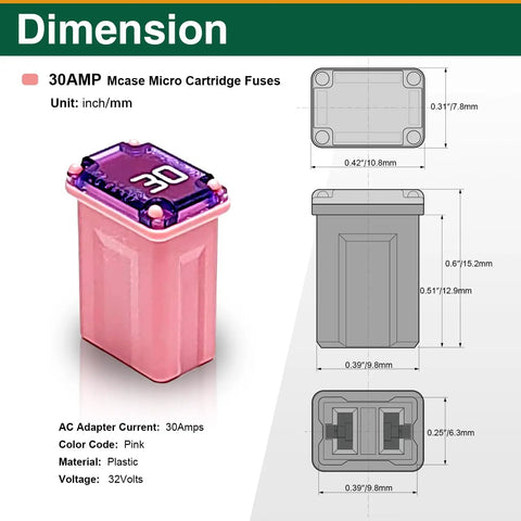 Dimensions of Ten Pack 30 Amp Micro Cartridge Fuses With Low Profile Box Shaped FMM Mcase Type 608830 for Cars SUVs and Trucks