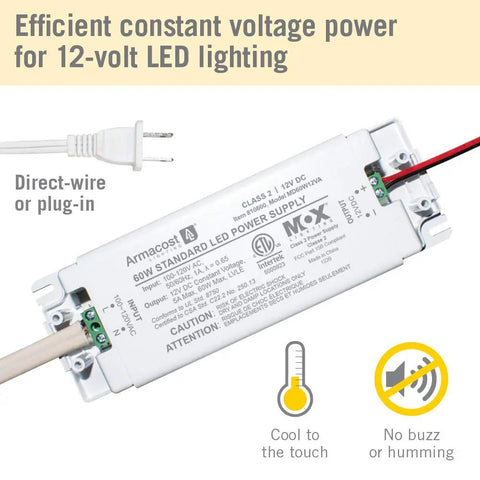 12 Volt LED Power Supply With 60 Inch Prewired Cord For Plug In Or Direct Wiring, Smart Microprocessor Dimming