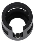 Close-up of a black adjustable espresso tamping station base for 51 to 58mm portafilters in solid aluminum.