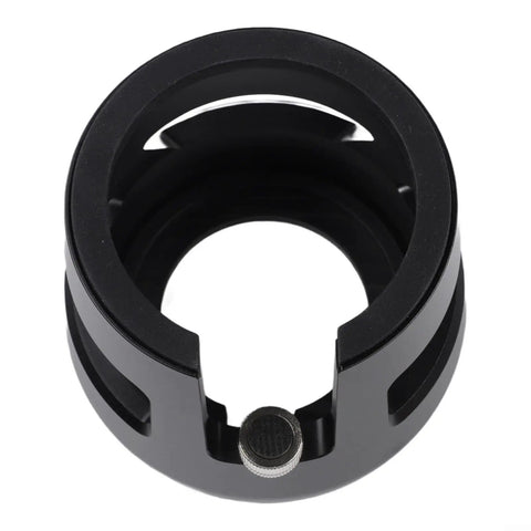 Close-up of a black adjustable espresso tamping station base for 51 to 58mm portafilters in solid aluminum.