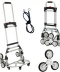 No Sweat Heavy Lifter And Smooth Operator Stair Climbing Cart featuring rust proof aluminum frame, six wheel base, and adjustable handle.