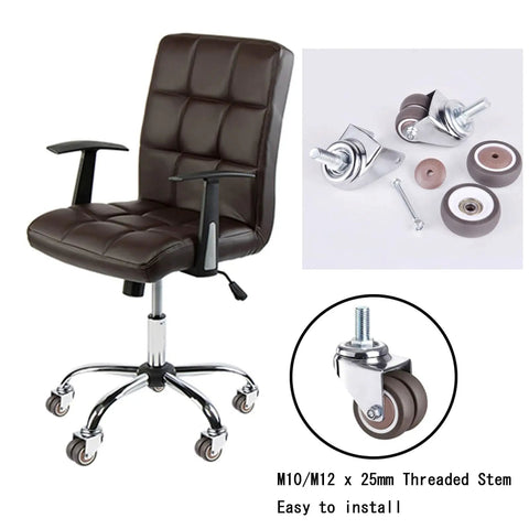 Silent Smooth Cruising Swivel Caster Wheels With Solid Stainless Brackets M12x25mm Threaded Stem Heavy Duty Tpe Rubber Replacement Office Chairs Set Of Five image of brown office chair with replacement caster wheels.