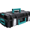 No Sweat Stackable Toolbox With Secure Latch And Custom Gear Sorting Tray Setup side view showing heavy-duty black ABS material and teal handles.