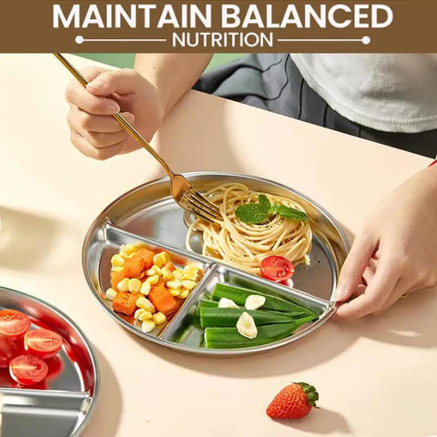Portion Control Plates For Grownups, Stainless Steel Divided Dinner Plates For Weight Loss And Diabetic Diets, Unbreakable 9 Inch Round Metal Dish For Kitchen, Camping And Picnic with food portions displayed