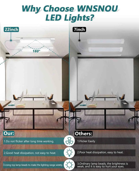 Comparison of WNSNOU LED lights showing 22-inch light versus standard 7-inch, Plug and Play LED Shop Light Waterproof 18W 2000LM 5000K 2Ft 2Pack Ready for Custom Layouts.