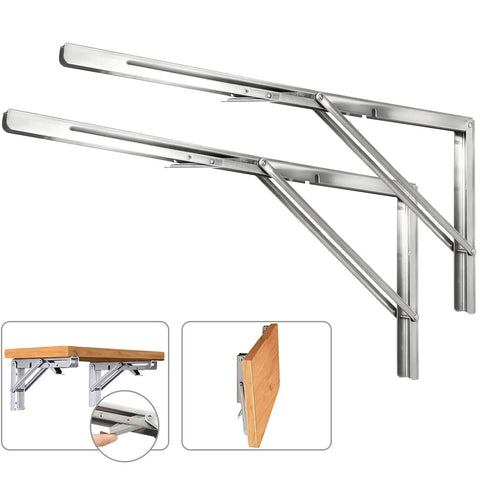 No Sweat Install Bulletproof 22 Inch Folding Shelf Brackets 2 Pack Stainless Steel Heavy Duty L Bracket mounted with wooden shelf.