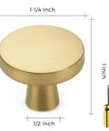 30 Pack Solid Kitchen Cabinet Round Knobs And Dresser Pulls Gold Brushed Brass Cupboard Hardware For Doors And Drawers One And One Quarter Inch Top Diameter Beefy Heavy Duty Build For Long Lasting Use