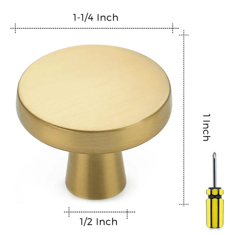 30 Pack Solid Kitchen Cabinet Round Knobs And Dresser Pulls Gold Brushed Brass Cupboard Hardware For Doors And Drawers One And One Quarter Inch Top Diameter Beefy Heavy Duty Build For Long Lasting Use