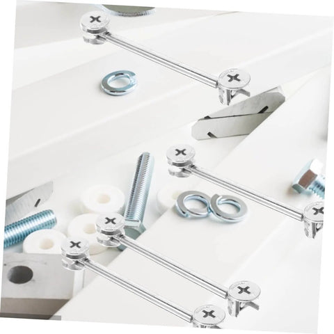 20 Set Cam Fittings Kit For Cabinets With Connectors And Dowels Easy Assembly No Fuss Strong Load Bearing Lightweight And Portable Ideal For Furniture Panels And Office Cabinets, close-up view showing silver iron and zinc alloy parts.