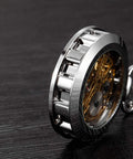 Side view of Mens Classic Steampunk Pocket Watch Gold Skeleton Hand Wind Mechanical Timepiece in vintage design