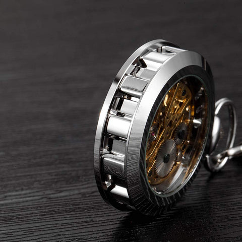 Side view of Mens Classic Steampunk Pocket Watch Gold Skeleton Hand Wind Mechanical Timepiece in vintage design