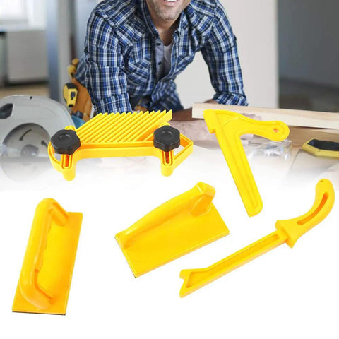 Five Piece Safety Push Block Set For DIY Woodworking Router Tables And Saws Includes Two Push Blocks One Safe V Stick One Push Stick And Board For Kickback Prevention And Precise Safe Cutting, shown on a workbench