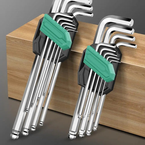 Solid 9 Piece Hex Key Tool Set With Tough Coating For Heavy Duty Jobs And Quick Fixes At Home Or Shop Perfect For Pros Who Need Durable Allen Wrenches That Last Longer Than The Rest. 9-piece steel hex key set in holder