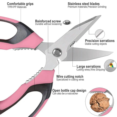 Heavy Duty 8 Inch Multipurpose Scissors With Protective Cover, Stainless Steel Serrated Blades For Cardboard, Leather, Fabric, Wires And More, Cuts Through Materials Like A Boss With Precision Ground Edge pink handle with wire notch and serrated blades