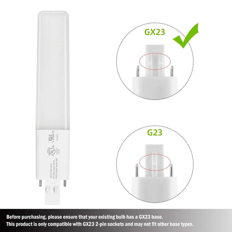 Ultra Slim 6W LED Bulbs For GX23 2-Pin CFL Replacements 5000K Cool White shown beside socket compatibility details for GX23 and G23.