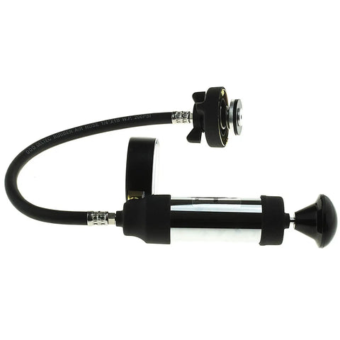 Pro Grade Radiator Pressure Tester For Engine Coolant Systems Up To 30 PSI With Safety Bleed Valve side view with gauge and hose.