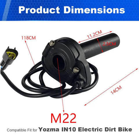 Full Twist Throttle Handle With Rolling Bearing And Cable Kit For IN10 Valtinsu Strike Shadow SX Electric Dirt Bike Includes Male Connector Black Built, showing dimensions with cable and male connector.