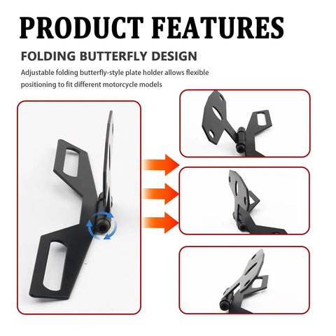Adjustable Motorcycle License Plate Bracket Kit With Screws shown in folding butterfly design with multiple angles