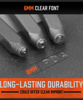 Close-up of Easy To Pick 37 Piece Metal Letter And Number Stamp Set showing 6mm stamps with clear imprint of PDA on metal surface.