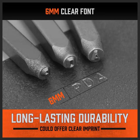 Close-up of Easy To Pick 37 Piece Metal Letter And Number Stamp Set showing 6mm stamps with clear imprint of PDA on metal surface.