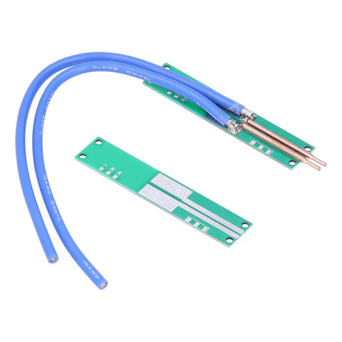 Pure Copper DIY Spot Welding Pen Kit for Handheld Electronics Repair with blue wires and copper tips on green PCB.