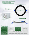 Diagram of 12 Pack 6 Inch Black LED Recessed Ceiling Lights With Junction Box showing dimensions and specifications.