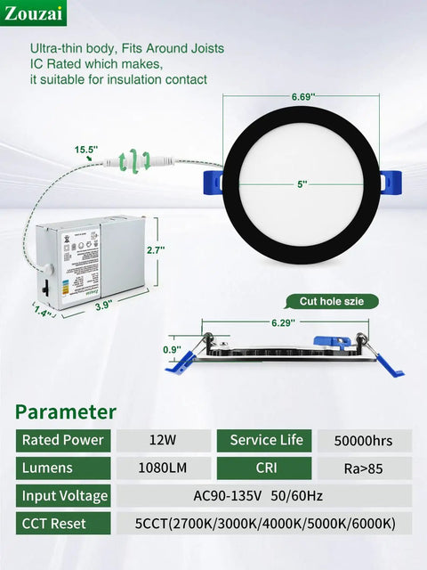 Diagram of 12 Pack 6 Inch Black LED Recessed Ceiling Lights With Junction Box showing dimensions and specifications.