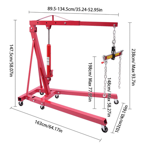 Heavy Duty 2 Ton Hydraulic Engine Hoist With Adjustable Boom And Smooth Rolling Casters, Folding Shop Cherry Picker Crane Rated For 4400 Lbs, dimensions shown for setup.