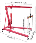 Heavy Duty Folding Hydraulic Engine Hoist And Crane, 2 Ton Capacity With Portable Wheels, showing dimensions and sturdy construction.