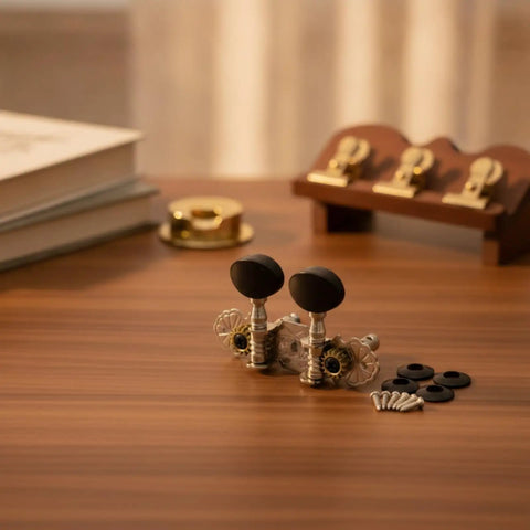 Premium White Ukulele Tuner Pegs And Keys With Smooth Gear Action Compact Metal Alloy Machine Heads featuring decorative plates.