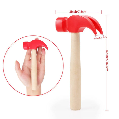 2 Pack Wooden Hammer Toys For Kids Safe Durable Realistic Simulation Hammers Ideal For Learning Pretend Play DIY Games Party Supplies Educational Tools For Children, red 6.5-inch wooden hammer with hand size comparison