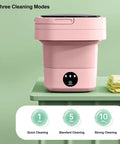 Compact Foldable Mini Washer With 6.5L Drum, Quick Spin Motor For Hassle Free Laundry in pink showing three cleaning modes.
