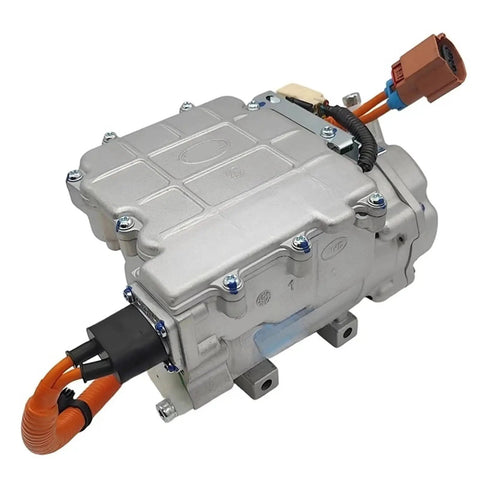 Heavy Duty Electric AC Compressor For BYD E5 And Qin EV with sealed housing and wiring, ideal for quick installation in 24V system.