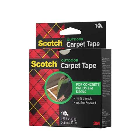 Scotch Outdoor Carpet Tape packaging for concrete, patios, and decks with strong holding and weather resistance features.