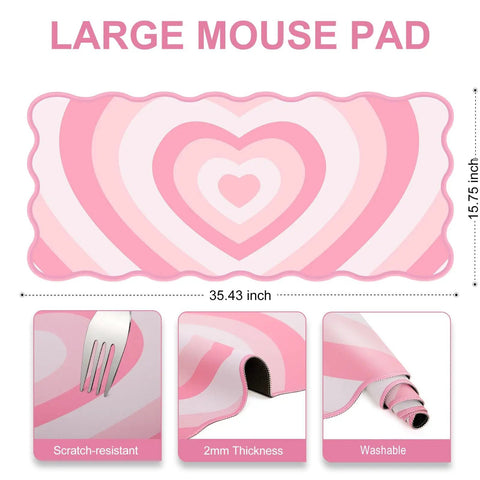 Pink Heart XXL Mouse Pad With Scalloped Edge Large Desk Mat For Gaming And Work Non Slip Rubber Base Waterproof Desktop Pad