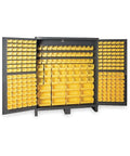 Heavy Duty 14 Gauge Steel Storage Cabinet With 264 Hook On Bins double flush doors swinging 180 degrees, featuring yellow bins.
