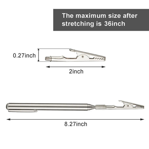 Set Of 2 Extendable Telescoping Clip Roach Clips For Joints And Jewelry Heavy Duty Steel Wire Clamp showing dimensions from 8.27 to 36 inches