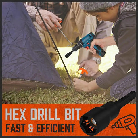 20 Pack 8 Inch Heavy Duty Tent Stakes Made From Galvanized Steel For Camping being used with drill and T pull hook