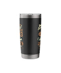 Tall black insulated tumbler with vintage motorcycle graphic and text design on a white background