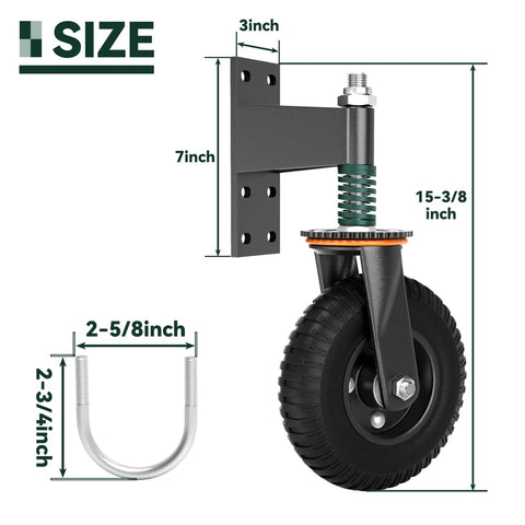 Tough As Nails Eight Inch Gate Wheels With Spring Suspension showing size dimensions 2-5/8 inch wide tire for heavy duty use.