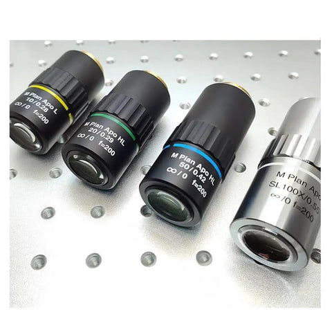 Extra Long Working Distance M Plan Apo Objective For Metallographic Microscope Parfocal Apochromatic Lens 50X Magnification Pro-Grade NA Options 2X To 50X Precision Lab Optics, black and silver microscope objective lenses