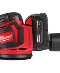 Slick Cordless Random Orbit Sander Kit With M18 Battery Pack For smooth wood finishing; compact red and black design.