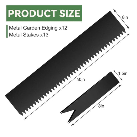 Workhorse 40 Ft Galvanized Steel Landscape Edging Kit With 12 Pack Panels For Lawn Borders, 40 Inch Long By 8 Inch High, shown with measured dimensions.