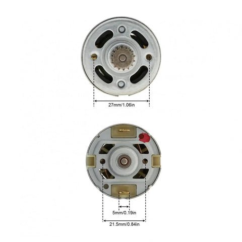 Kickstart Your Garage Builds With This Beastly Rs550 10.8V Dc Motor Sporting A Tight 15 Tooth Gear Setup, showing front and back views with dimensions.