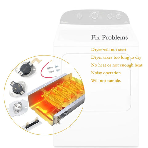 Durable Dryer Heating Element Kit Replacement Nickel Chromium Construction For Select Dryers Including MEDX655DW1 MED4500MW0 MEDC400VW0 MEDC200XW1 And AED4475TQ1 Easy Install And Consistent Heat visible with heating elements and thermostats in front of a white dryer