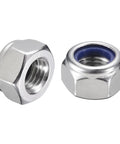 Heavy Duty M12 X 1.5 Nylon Insert Hex Lock Nuts 5 Pack 304 Stainless Steel Self Locking Fasteners With Blue Nylon Ring close-up view